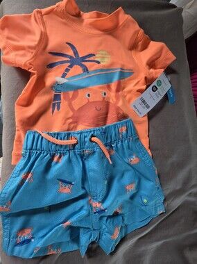 Carter's Orange & Teal Crab Print Kids Swim Set
